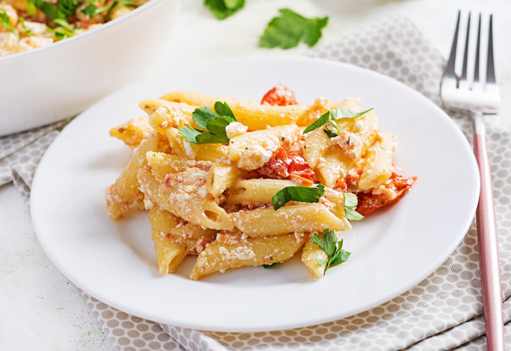 Plate with Penne and sun-dried tomatoes